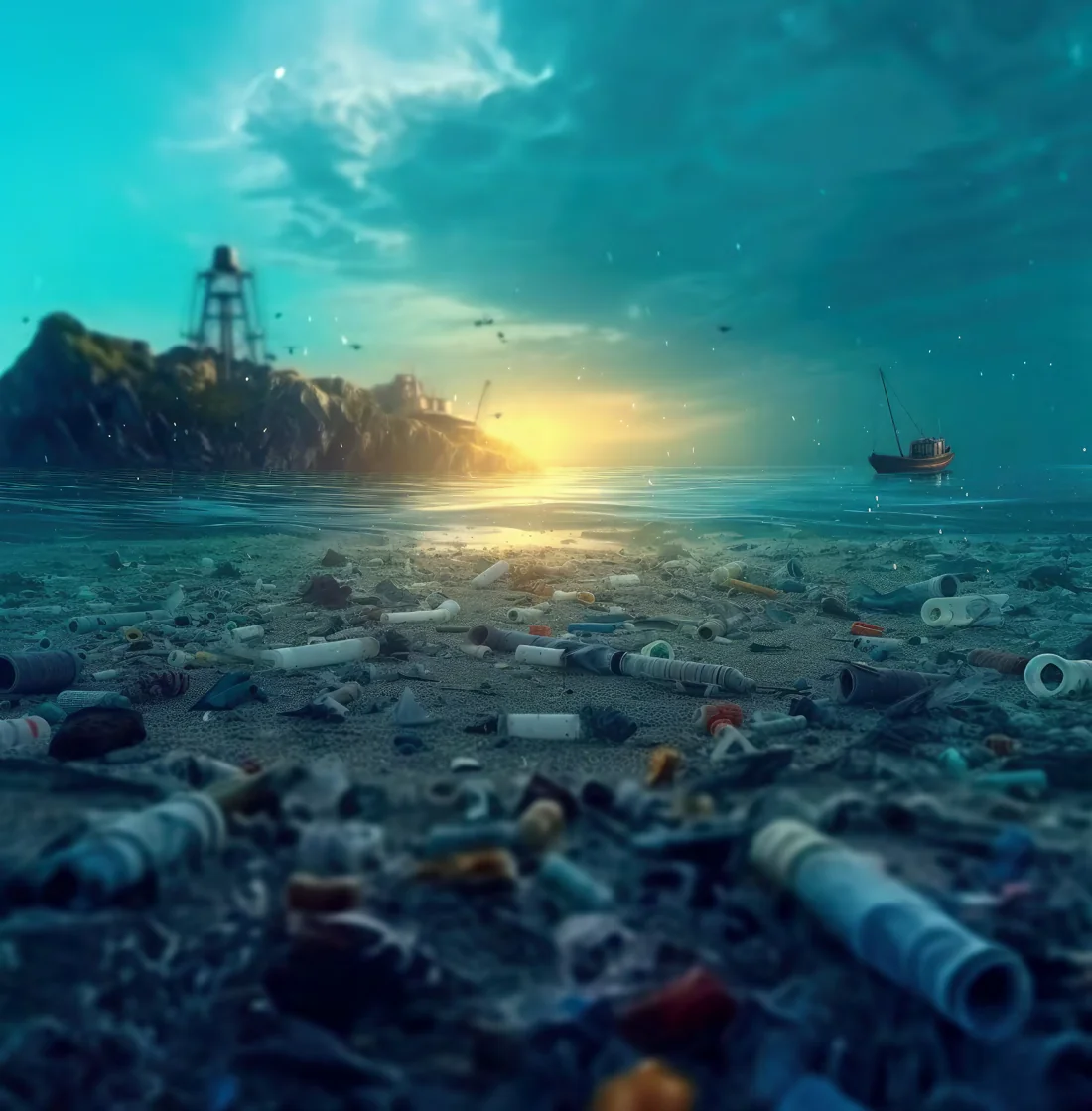 Plaża z zachodem słońca i śmieci, symbolizująca konkursy i wyzwania
